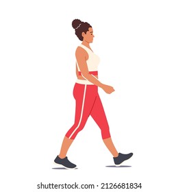 Overweight Woman Walking, Young Plus Size Girl Character in Sportswear Exercising to be Slim. Outdoor Fitness and Healthy Lifestyle. Active Sport Life, Weight Loss. Cartoon People Vector Illustration