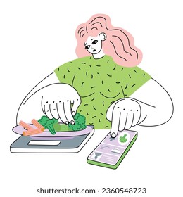 An overweight woman weighs her food, enters data into a calorie counting app. Concept of setting healthy eating, dietetics, trying to lose weight
