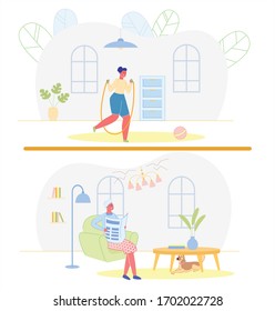 Mujeres con sobrepeso causando problemas y perturbando a los vecinos que viven por debajo, haciendo ejercicios deportivos y saltando a casa. Actitud irrespetuosa hacia la privacidad de otras personas. Ilustración de vectores planos de dibujos animados.