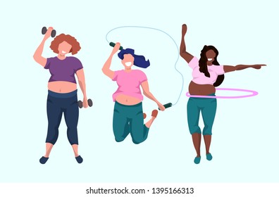 overweight women doing exercises with dumbbell jumping rope gymnastic rotating workout with hula hoop mix race girls training aerobic weight loss concept full length horizontal vector illustration