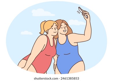 Overweight women in swimsuits take selfie on beach on smartphones. Smiling fat girlfriends photograph self-portrait picture on cellphone. Vector illustration.