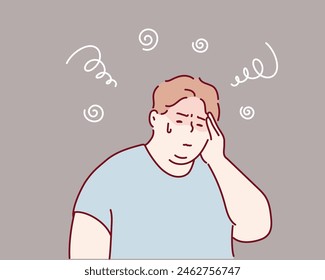 Overweight young man suffering from headache, migraine or dizziness. Hand drawn style vector design illustrations.