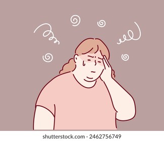 Overweight young woman suffering from headache, migraine or dizziness. Hand drawn style vector design illustrations.