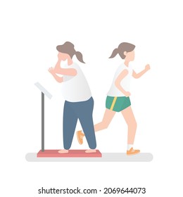 Overweight,it time to exercise and lose weight take care health,obesity women stand on weighing scale she unhappy and worry about weight,Make changes and start exercising seriously,Vector illustration