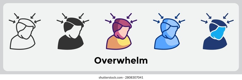 Overwhelm icon for illustrating excessive stimulus systems, cognitive overload, and inability to process incoming input. Line, Filled, Color, Blue, Dualtone style.