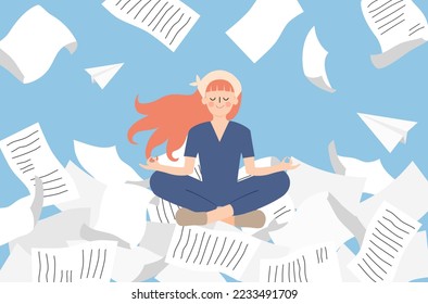 Overwhelm office task for business person, business woman with overwhelm works, concentrate office woman vector, busy business woman vector, work life balance vector, lifestyle of businessman vector.