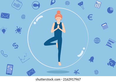 Overwhelm office tasks for business person, meditating woman not get distracted by overwhelm works, calm yoga woman in floating bubble, work life balance of an office woman, business woman stay calm.