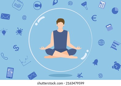Overwhelm office tasks for business person, meditating man not get distracted by overwhelm works, calm yoga man in floating bubble, work life balance of an office man, businessman stay calm vector.
