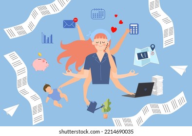 Overwhelm office tasks for business person, stress business woman from overwhelm works, concentrate office woman vector, busy business woman vector, work life balance vector, lifestyle of businessman.