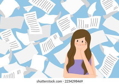 Overwhelm office tasks for business person, stress business woman from overwhelm works, busy office woman vector, busy business woman vector, work life not balance vector, lifestyle of businessman.