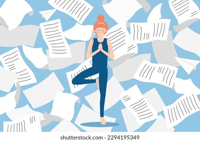 Overwhelm office tasks for business person, meditating woman not get distracted by overwhelm works, calm yoga woman standing pose, work life balance of businesswoman, business woman stay calm vector.