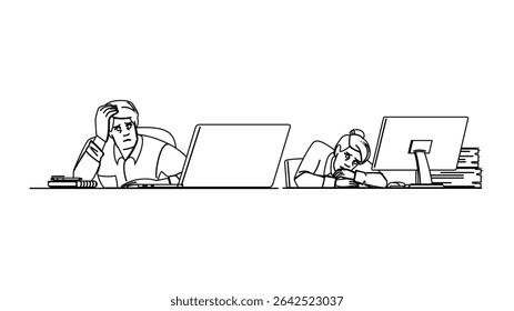 overwhelm stress burnout vector. exhaustion pressure, resilience mindfulness, relaxation recovery overwhelm stress burnout character. people black line pencil drawing illustration