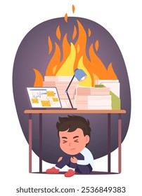 Overwhelmed business person hiding under desk surrounded by burning paperwork fire, workplace stress, burnout. Deadlines excessive workload pressure. Mental fear of work concept vector illustration