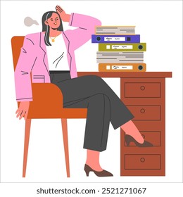 Overwhelmed businesswoman concept. Professional female in office with a heavy workload feeling stressed. Work-life balance challenges. Vector illustration.