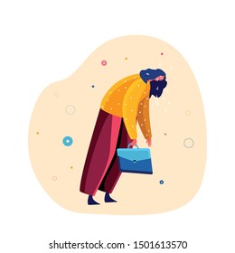 Overwhelmed businesswoman draws her body to reach a workplace trying to overcome her fatigue. Attempting to Implement her Business Idea. Frustrated girl in a terrible fatigue and weakness. Exhausted.