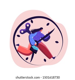 Overwhelmed businesswoman is in a hurry being late for meeting, Rushing to Implement her Business Idea, Carrying hes attache case and holding clock hand to stop. Exhausted worker. Flat illustration