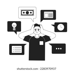 Überwältigt von freiberuflicher Arbeit Schwarz-Weiß-Konzept Vektorgrafik. Bearbeitbarer 2D-flacher, einfarbiger Cartoon-Charakter für Webdesign. Kreative Line Art Idee für Website, Mobil, Blog