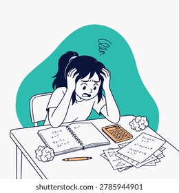 Overwhelmed by her studies, a young woman clutches her head in frustration while attempting to solve complex algebraic and geometric math problems on her desk Crumpled papers and a calculator surround her, symbolizing the challenges of academic stress and difficulty with learning