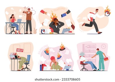 Overwhelmed Employee Characters, Burdened By Work-related Pressure, Experience Stress. It Impacts Mental Health And Productivity, Necessitating Work-life Balance. Cartoon People Vector Illustration