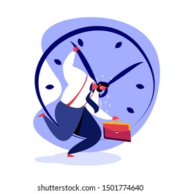 Overwhelmed employee is in a hurry being late for meeting, Rushing to Implement His Business Idea, Carrying his attache case and holding clock hand to stop. Exhausted worker. Flat vector illustration