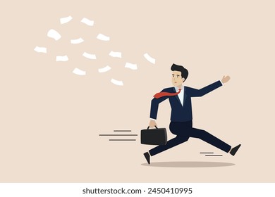 Overwhelmed or excessive workload, tired because of problems and difficulties, fatigue and depression concept, scared businessman running away from piled up paperwork or work.