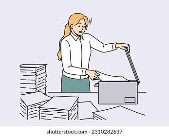 Overwhelmed female employee have problems making copies at copymachine in office. Stressed woman worker duplicate paperwork in copy machine. Vector illustration. 