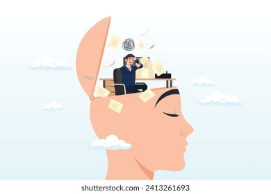 Overwhelmed frustrated businessman working hard on his busy head, work anxiety, stress or burnout, exhausted job or overload tired, job fatigue from overworked, depression and mental health (Vector)