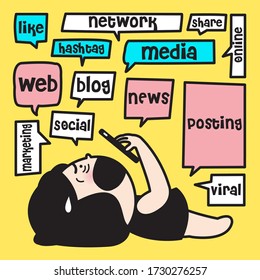 Overwhelmed Girl With A Large Number Of Social Media Words In Speech Bubble Concept Card Character illustration