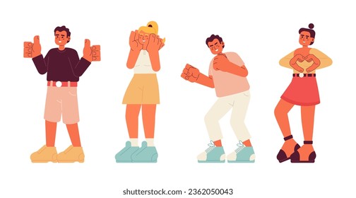 Overwhelmed with happiness people semi flat color vector characters set. Excited men, women. Positive. Editable full body people on white. Simple cartoon spot illustration pack for web graphic design