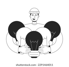 Overwhelmed with ideas for startup bw concept vector spot illustration. Startuper 2D cartoon flat line monochromatic character for web UI design. Editable hero image for landing page, mobile header