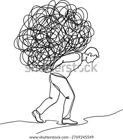 Overwhelmed man carrying tangled thoughts mental burden stress anxiety pressure depression concept heavy mind minimal line art illustration