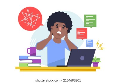 Overwhelmed man concept. Burnout. Stress, overload, fatigue. Heavy office work. Busy workerperson, deadline. Mental problem. Time pressure. Anxiety, depression. Tired workaholic. Vector illustration.