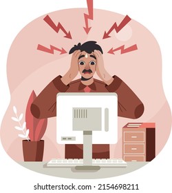 Overwhelmed man concept. Burnout. Stress, overload, fatigue. Heavy office work. Busy workerperson, deadline. Mental problem. Time pressure. Anxiety, depression. Tired workaholic. Vector illustration.