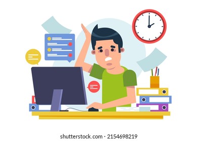 Overwhelmed man concept. Burnout. Stress, overload, fatigue. Heavy office work. Busy workerperson, deadline. Mental problem. Time pressure. Anxiety, depression. Tired workaholic. Vector illustration.