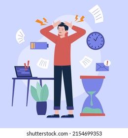 Overwhelmed man concept. Burnout. Stress, overload, fatigue. Heavy office work. Busy workerperson, deadline. Mental problem. Time pressure. Anxiety, depression. Tired workaholic. Vector illustration.