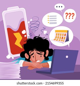 Overwhelmed man concept. Burnout. Stress, overload, fatigue. Heavy office work. Busy workerperson, deadline. Mental problem. Time pressure. Anxiety, depression. Tired workaholic. Vector illustration.