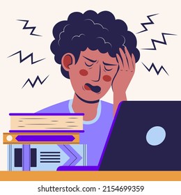 Overwhelmed man concept. Burnout. Stress, overload, fatigue. Heavy office work. Busy workerperson, deadline. Mental problem. Time pressure. Anxiety, depression. Tired workaholic. Vector illustration.