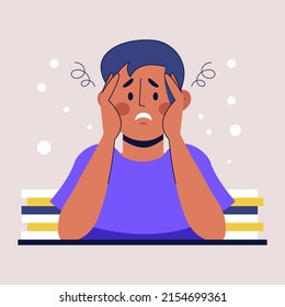 Overwhelmed man concept. Burnout. Stress, overload, fatigue. Heavy office work. Busy workerperson, deadline. Mental problem. Time pressure. Anxiety, depression. Tired workaholic. Vector illustration.