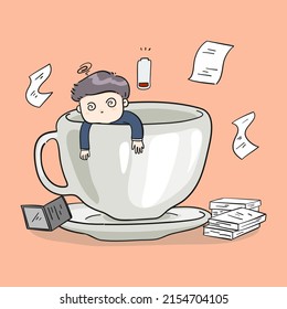 Overwhelmed man concept. Burnout. Stress, overload, fatigue. Heavy office work. Busy workerperson, deadline. Mental problem. Time pressure. Anxiety, depression. Tired workaholic. Vector illustration.