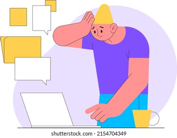 Overwhelmed man concept. Burnout. Stress, overload, fatigue. Heavy office work. Busy workerperson, deadline. Mental problem. Time pressure. Anxiety, depression. Tired workaholic. Vector illustration.