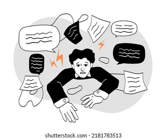Overwhelmed man concept. Overworked employee at workplace, tired worker. Pressure, panic and stress, low energy levels. Inefficient workflow, chaos in messages. Cartoon flat vector illustration