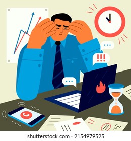 Overwhelmed man concept. Vector illustration.