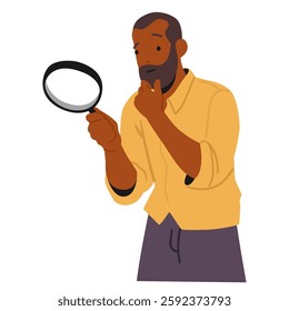 Overwhelmed man feeling pensive and thoughtful looking through magnifying glass searching for new idea, opportunities and creative way of development vector illustration isolated on white background