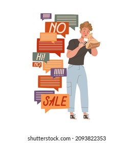 Overwhelmed man getting a lot of information, stressed person overloaded by information, ineffective multitasking vector illustration