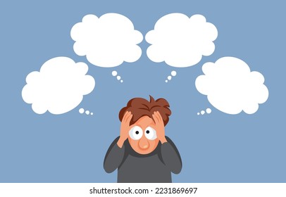 
Overwhelmed Man Having Many Negative Thoughts Vector Cartoon. Busy man overthinking a problem trying different solution ideas
