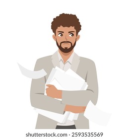 Overwhelmed Man holding a large stack of documents with a worried or frustrated expression. Flat Vector character illustration