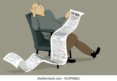 Overwhelmed Man Sitting On A Chair, Holding A Comically Long To Do List. EPS 8 Vector Illustration, No Transparencies