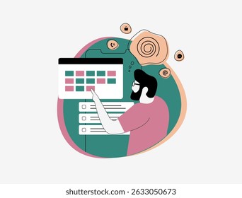 Overwhelmed man thinking of mental load, invisible labor, cognitive fatigue, burnout from multitasking and daily pressure. Stressed man overloaded with tasks and checklist. Vector illustration
