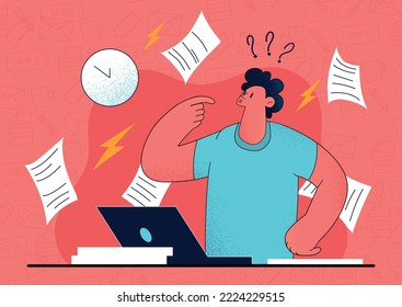 Overwhelmed man at workplace. Guy with laptop and sheets of paper. Emotional burnout and stress, panic and pressure. Inefficient workflow and poor time management. Cartoon flat vector illustration