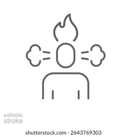 Estilo de contorno do ícone da mente sobrecarregada. Uma pessoa com vapor e chama acima da cabeça simbolizando raiva, estresse ou esgotamento emocional. Ilustração de vetor de símbolo de linha fina. Traçado editável